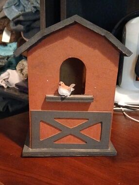 Rust & Gray Decorative Wooden Birdhouse with Tiny Perched Bird